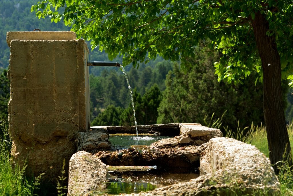 Rustic spring water fountain in Elmalı, Antalya, surrounded by lush greenery and serene forest.